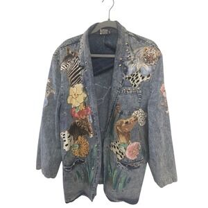 Vintage 90s Charle Casuals Denim Jacket Women Safari Animal Floral Acid Wash‎
